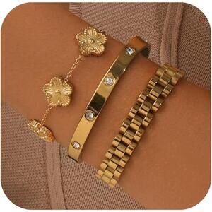 18K Gold Plated Love Bangle Bracelets Set, 3 Pcs Charm Jewelry Gifts